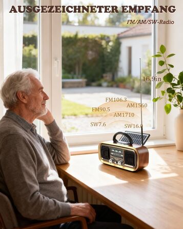 Ретро Радіо Klein з Bluetooth, AM/FM/SW радіо, портативне, з сонячною панеллю, USB/TF картка, подвійний динамік, коричневе