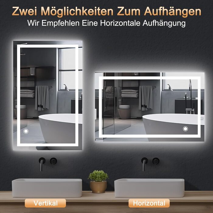 LED дзеркало для ванної кімнати 70x50 см з підсвічуванням | IP54, сенсорне керування, монтаж вертикально/горизонтально, 6500K