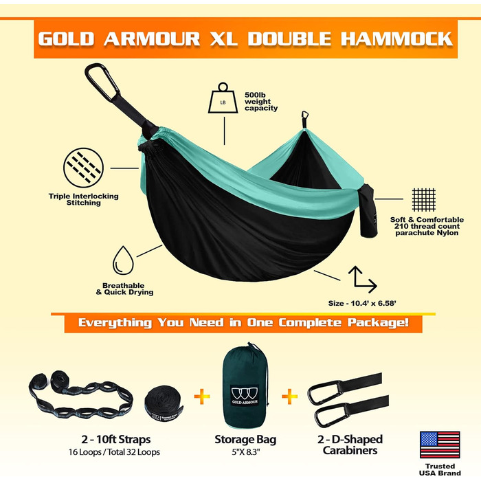 Гамак подвійний кемпінговий Gold Armour XL з ременями для дерев – для відпочинку на природі та вдома (США)