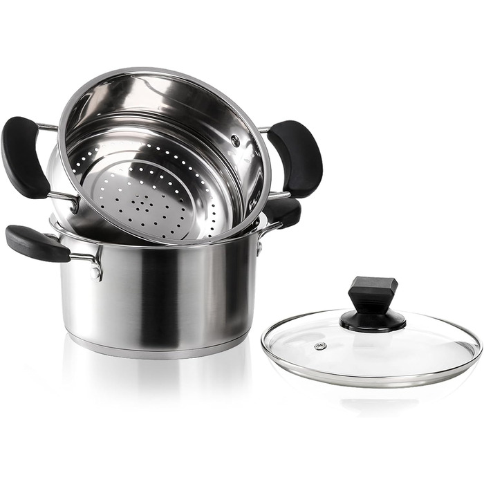 ZENFUN Stainless Steel Steamer Pot with Basket, 1.6 Liter Soup Pot with Glass Lid, Mini Steamer Cookware with Handle for Vegetables, Sauce for Stove, Induction, Gas, Electric, Grill