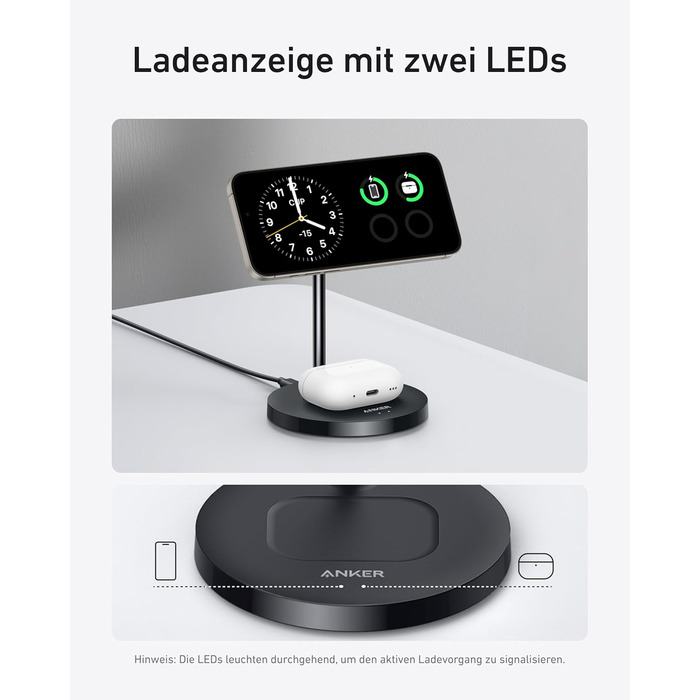 Anker MagGo 15W Magsafe Зарядний пристрій: 2-в-1 Індукційна станція, Qi2 Бездротовий заряд для iPhone 16/15/14/13/12, AirPods Pro, з USB-C кабелем 1.5м, чорний