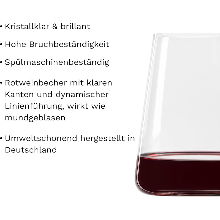 Stölzle Lausitz Red Wine Glasses Power 6-Piece Set 520ml – Modern Stemless Wine Glasses for Maximum Aroma Development – Flat Red Wine Glasses Made of Crystal Glass – Dishwasher & Shockproof, Made in Germany