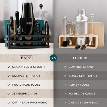 Bare Barrel® Cocktail Shaker Set - 14 Piece Mixology Bar Kit with Boston Shaker, Martini Accessories & Recipe Cards - Home Bartender Set