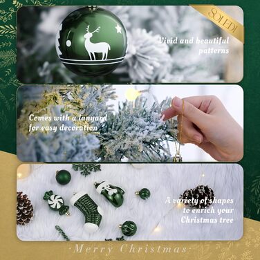 Набір ялинкових прикрас SOLEDI® 128 шт. Преміум якість, пластикові кулі білого кольору з зіркою, міцні та безпечні, набір прикрас з гачками, кольорові ялинкові кулі, багаторазовий декор на Різдво (зелений)