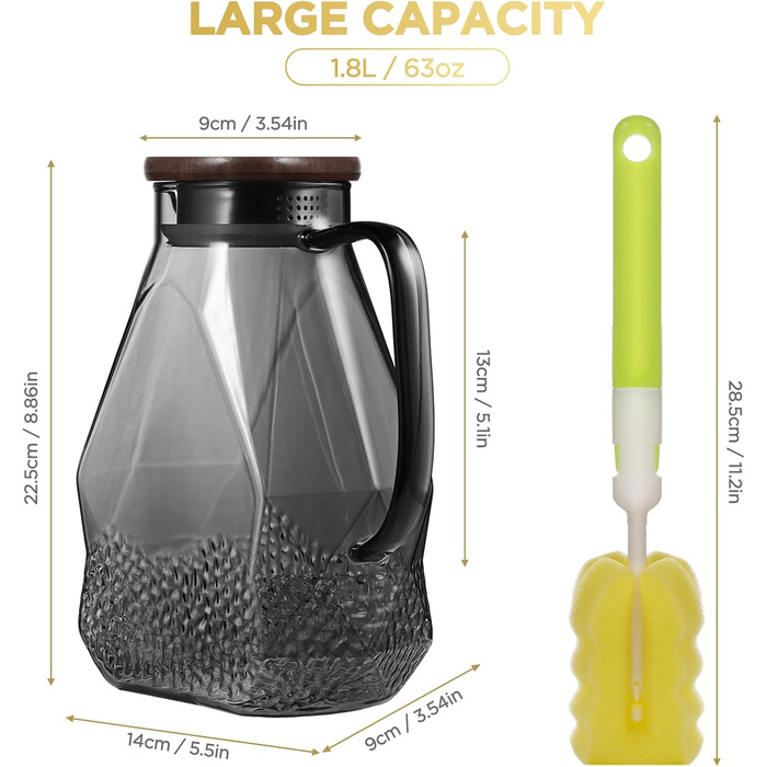 ecooe Glass Giraffe 1.8L Water Carafe for Refrigerator Door, Carafe Glass with Lid, Black Refrigerator Pitcher Water Jug Glass Jug for Hot/Cold Water, DIY Drinks, Iced Tea, Juice, Milk, Tea, Coffee