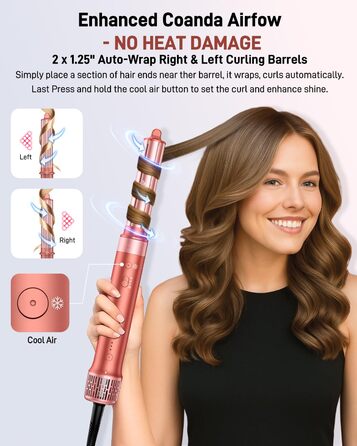 HITTIONA Airstyler 5 в 1: фен, плойка для локонів Auto-Wrap, іонізація, швидка сушка, захист від тепла, для створення локонів та шовковистого волосся, з чохлом, колір - полуниця