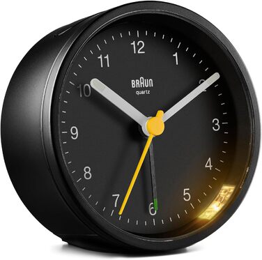 Braun Classic Analog Alarm Clock with Snooze Function and Light, Silent Quartz Movement, Crescendo Alarm in Black, Model BC12B