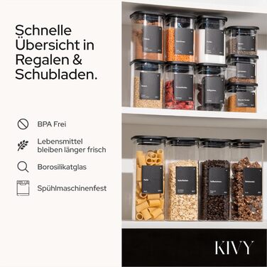 12 шт. скляні контейнери для зберігання KIVY – чорні, повітряно-непроникні, з кришкою