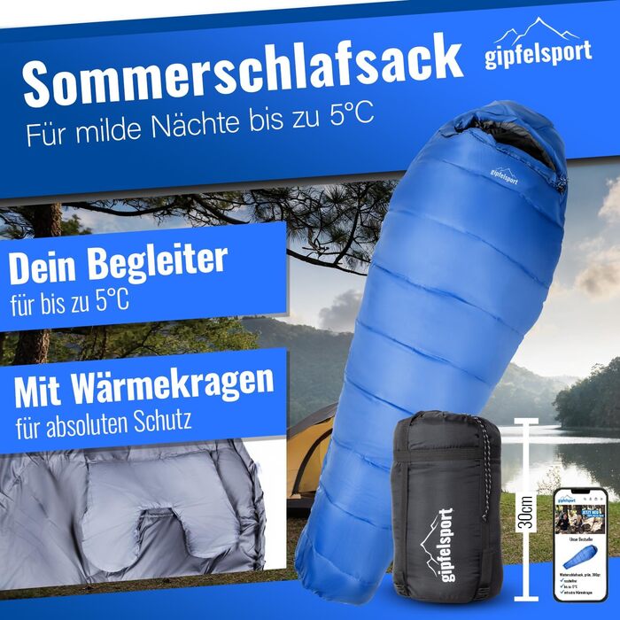 Спальний мішок Gipfelsport Ultraleicht 4 сезони [-20°C - 15°C] | Ultralight, Mumienschlafsack для кемпінгу, трекінгу та подорожей | 10°C, блакитний