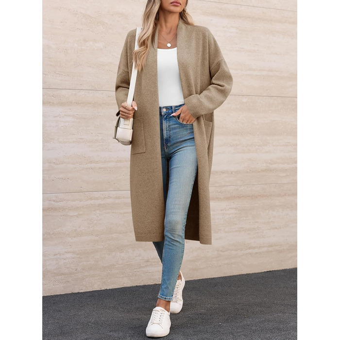 Жіночий кардиган Fisoew: довгий, оверсайз, з довгим рукавом та кишенями. Бежевий, XXL