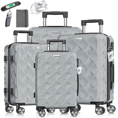 Набір валіз KESSER® 4 шт. | ABS валізи з кодовим замком, ваговою системою та органайзером для подорожей | Ручна та велика валіза для бізнесу та подорожей, коліщата 360°, сірий колір