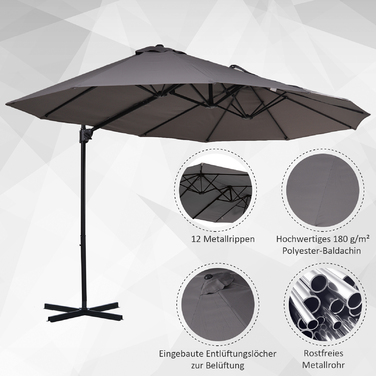Outsunny Double Canopy Parasol with Crank, Adjustable Garden Umbrella, Sun Protection, Metal, Dark Gray, 440 x 270 x 250 cm | Aosom