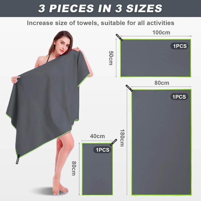 Набір рушників з мікрофібри: великий (180x80 см), спортивний (100x50 см), пляжний (80x40 см). Колір: темно-сірий та зелений