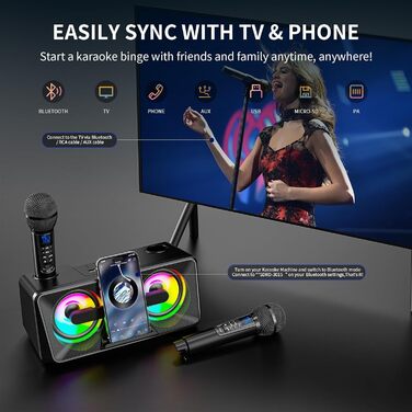 Караоке машина для дорослих та дітей з 2 бездротовими мікрофонами, Bluetooth, світлові ефекти, підставка для телефону, портативна PA система для дому, вечірки, пікніка (чорний)