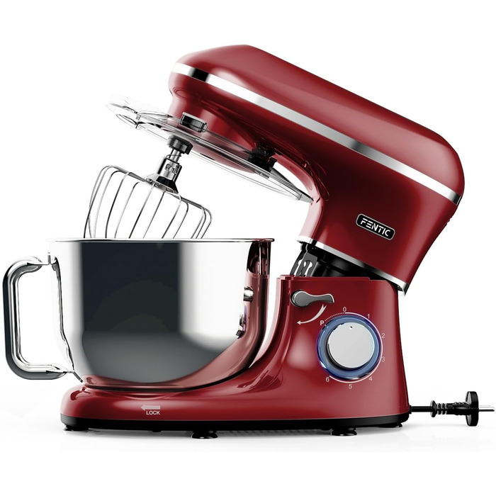 Fentic 2000W Stainless Steel Stand Mixer with 6.2L Bowl - Includes Dough Hook, Whisk, Beater & Splash Guard - Red