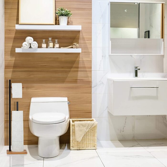 Relaxdays Freestanding Toilet Paper Holder, Bamboo, with Spare Roll Holder, 5 Rolls, HxBxT: 71x19x19 cm, Black-Natural, 1 Piece