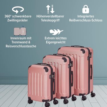 Набір валіз Arebos 3шт. з ABS-пластику | Валіза-тележка | Рожеве золото | З замком та 360° колесами | M-L-XL