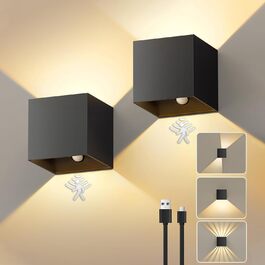 Нібшум 2 шт. Акумуляторні настінні світильники з датчиком руху, LED, USB зарядка, регулювання світла, чорний алюміній для спальні, вітальні, матове чорне покриття