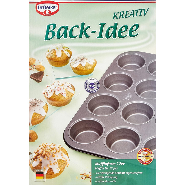 Dr. Oetker 12-Cup Muffin Tin Ø 7.5 cm BACK-IDEE KREATIV, Muffin tin made of steel sheet, Baking sheet with two-tone non-stick coating (Color: Gray/Black), Quantity: 1 piece