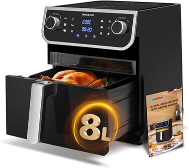 Aigostar аерофритюрниця XXL 8 л з оглядовим вікном, 12 програм, цифровий LED-екран, без олії, книга рецептів, безпечна для миття в посудомийній машині, BPA-free, 1700 Вт