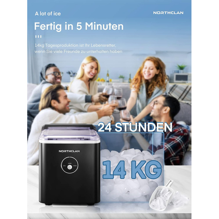NORTHCLAN Ice Maker - 14kg Daily Production, 6-Minute Cycle, Quiet Operation, 2L Water Tank, 1.5kg Storage, Infrared Sensor, Black