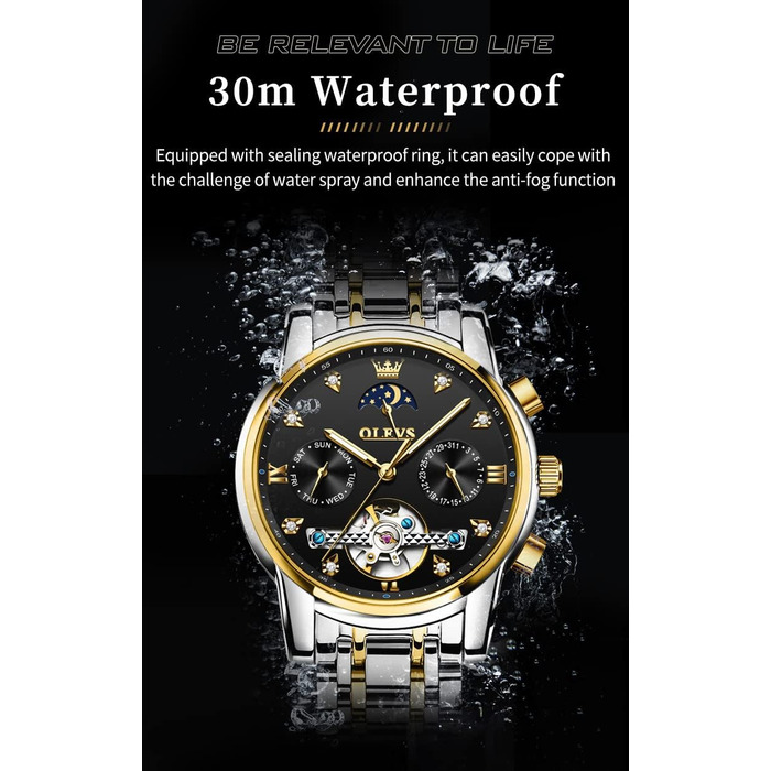 Чоловічий годинник OLEVS Chronograph: водонепроникний, кварцовий, зі сталевим корпусом та підсвіткою циферблата (6678, чорний/золотий/сріблястий)