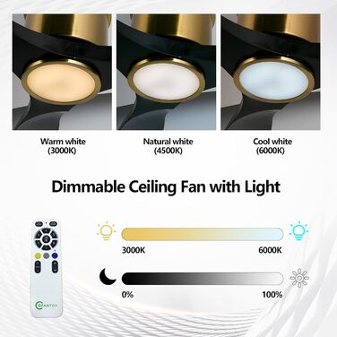 Сучасний стельовий вентилятор 132 см з підсвічуванням та пультом керування, тихий DC-двигун, сумісний з Alexa/Google Home (чорне золото)