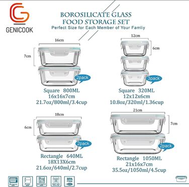 Скляні контейнери для зберігання їжі Genicook (9 шт. з кришками) 1804-1