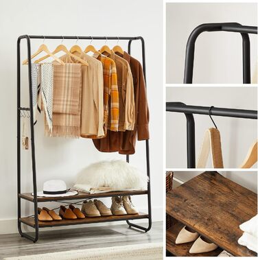 VASAGLE Clothes Rack, Coat Rack, Coat Stand, with 2 Shelves, 6 S-Shaped Hooks, Steel Frame, for Bedroom, Hallway, Entrance Area, Vintage Brown-Black RGR112B01