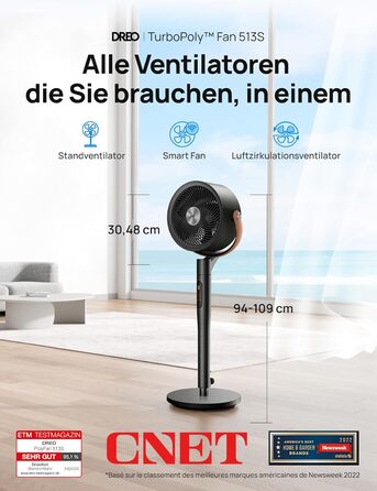 Dreo PolyFan 513S: Тихий розумний вентилятор з широким охопленням та 6 режимами (білий/чорний)