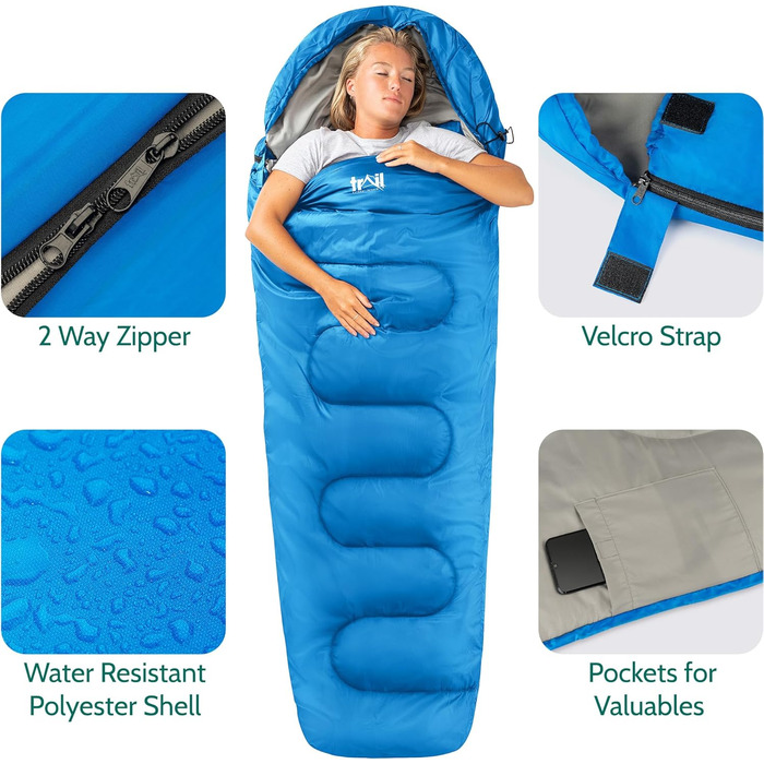 Спальний мішок для дорослих Trail 3 сезони – для кемпінгу та відпочинку на природі (300 GSM, блакитний)
