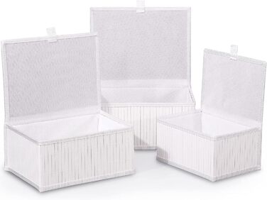 Honeycomb Storage Basket with Lid, Woven - Bamboo Decor Storage Boxes, Set of 3 Rattan Basket with Lid Woven Fabric Insert for Bathroom Kitchen Shelf Organization (Large/Medium/Small) (White)