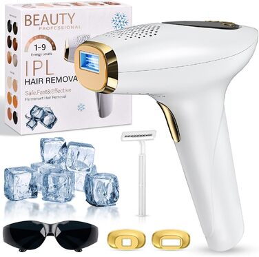 Пристрій для епіляції IPL з лазером та охолодженням, 3 функції (HR/SC/RA), 9 рівнів енергії, 999 999 імпульсів, для чоловіків/жінок/обличчя/бікіні/тіла (білий)