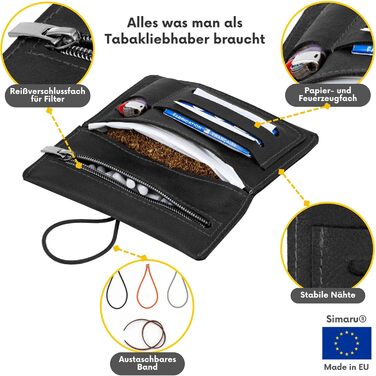 Simaru Personalized Tobacco Pouch with Engraving, Leather for 30g Tobacco Bag, Genuine Leather Rolling Pouch including Filter Compartment and Crimper Holder (Dark Gray) (Black Engraving)