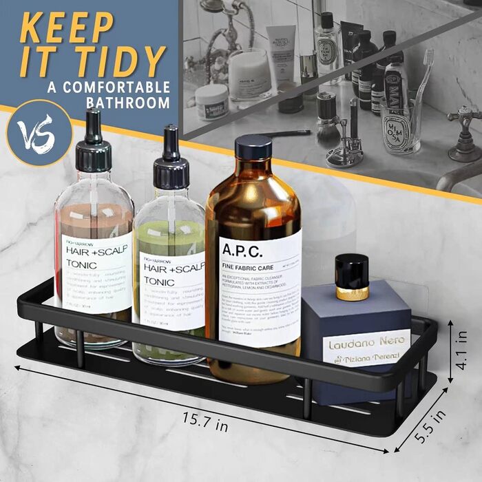 Полка для душу без свердління, 2 шт. Алюмінієва полиця для душу, нержавіюча сталь, кошик для душу з 6 клейкими поверхнями та 4 гачками, чорний колір. Підходить для ванної кімнати, кухні.