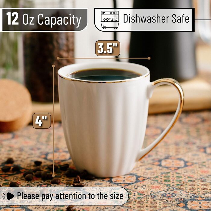 BTaT - White Coffee Cups, Set of 6, 340 ml, White Porcelain with Gold Rim, Coffee Cup Set, Hot Chocolate, Ceramic Mug, Large Cups for Coffee, Hot Cocoa Cups, Coffee Cup Set amic