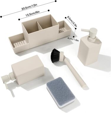 Dish Soap and Hand Soap Dispenser Kitchen Set with Sponge Holder and Brush, Dish Soap Dispenser Kitchen Black, Soap and Dish Soap Dispenser Set Kitchen Gadget Sink Organizer with Soap Dispenser (Beige, 4 in 1)