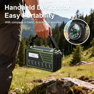 Сонячне радіо на ручку з Bluetooth, AM/FM/SW аварійне радіо з Powerbank 10000mAh, радіо на батарейках з SOS-сигналом, компас, LED-ліхтарик, лампа для читання, для відключення електроенергії, виживання, кемпінгу