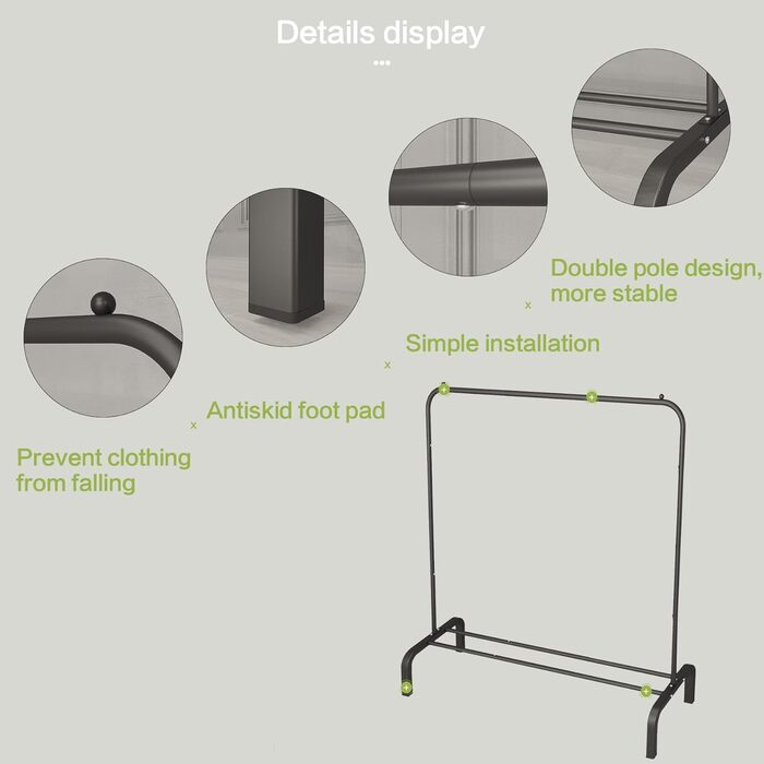 JIUYOTREE Clothes Rack, Coat Rack, Metal Clothes Bar, Durable Clothes Rack with Bottom Frame for Coats, Skirts, Shirts, Sweaters, White (Black)