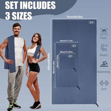 Набір рушників Neerow з мікрофібри (3 шт.): великий (152x76 см), фітнес (80x40 см), маленький (30x30 см), кольоростійкі, швидковисихаючі (Marine)