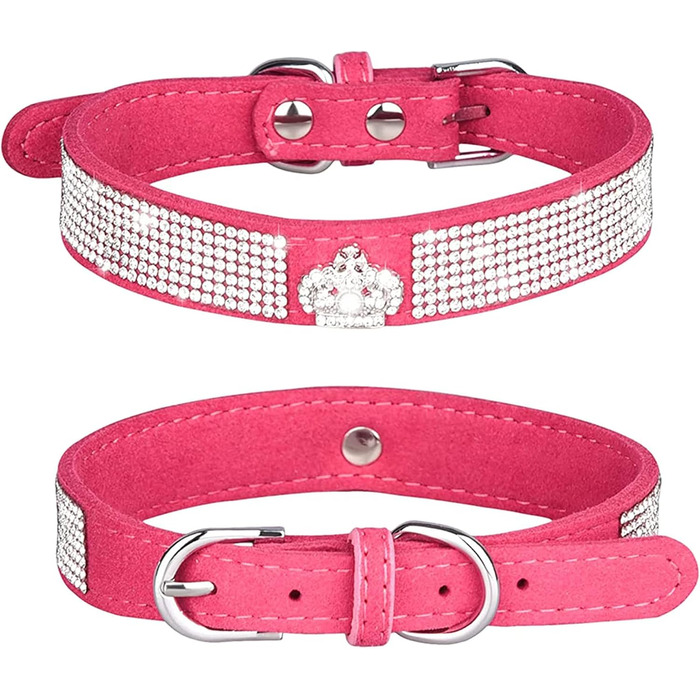 Нашийник для собак Roa з м'якої шкіри та поводок-стрічка: блискучий набір з діамантами для маленьких та середніх собак та котів (XS, Рожевий)