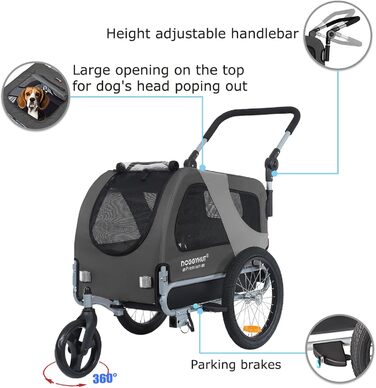 DOGGYHUT® Преміум візок для собак 2-в-1: візок-бугель для собак до 23 кг (Сірий)