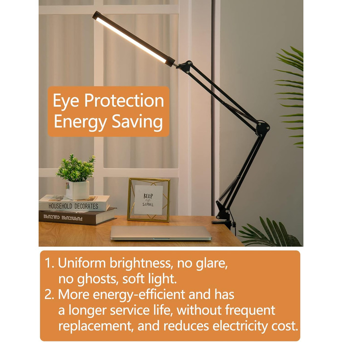 LED лампа настільна з регульованим шарніром, USB, диммування, захист очей, 3 режими, 10 рівнів яскравості, функція пам'яті для дому та офісу