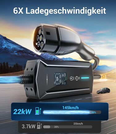 Портативний зарядний пристрій для електромобілів 22 кВт (7м) з LCD-дисплеєм, IP65, Schuko, 16A, для електромобілів та PHEV