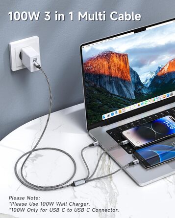 Кабель RAVIAD 100W USB-C 3-в-1 (1.2м) з E-Mark для iPhone, Galaxy, MacBook