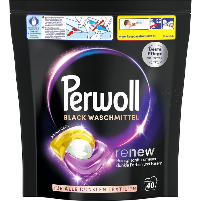 Капсули для прання Perwoll Renew Caps Black для темних речей, All-in-1, відновлення кольору та волокон, 80 прань (2 x 40 шт)