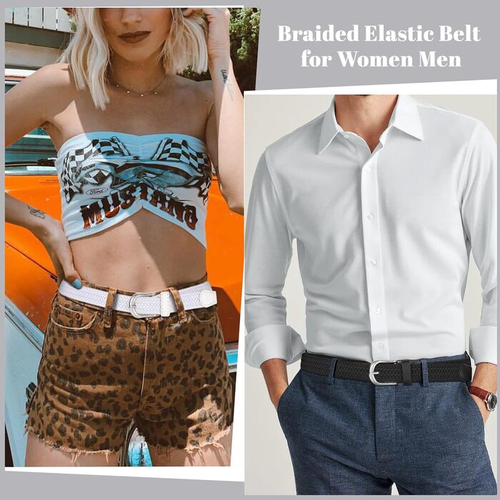 Жіночий плетеный еластичний пояс JASGOOD, льон, 2.5 см, комплект 2 шт. (Чорний + Білий, Розмір M до 86 см)