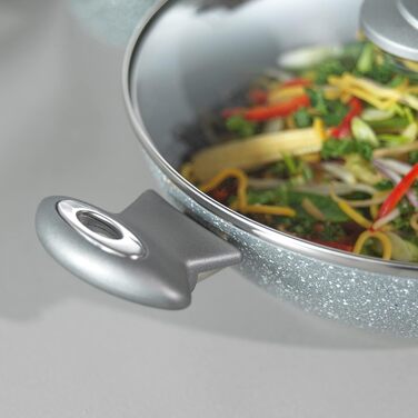 Набір сковорідок Salter COMBO-8572A 8 предметів: каструлі 16/18/20 см, сковороди 20/24/28 см, вок з кришкою, гриль-сковорода, антипригарне покриття, підходить для індукційних плит, здорове приготування з малим або без олії, Marblestone, сірий колір