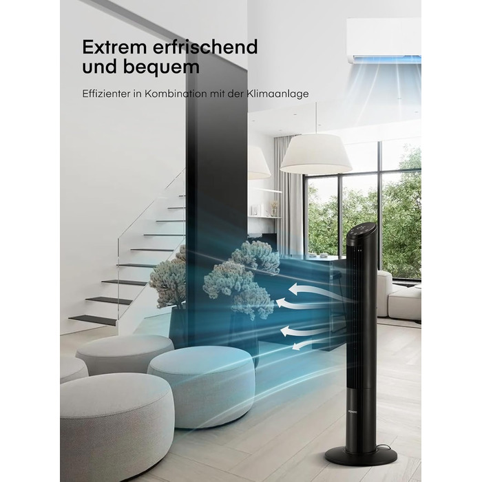 FOHERE Вентилятор Тур - Безшумний, 102 см, з пультом, 4 режими, 12 швидкостей, таймер 12 год, швидкість 7,6 м/с, для дому, спальні, офісу, чорний