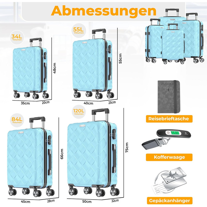 Набір валіз KESSER® 4 шт. | Валізи з ABS, кодований замок, ваги для багажу, органайзер для документів | Ручна та велика валіза для подорожей та бізнесу (Скай Блю)